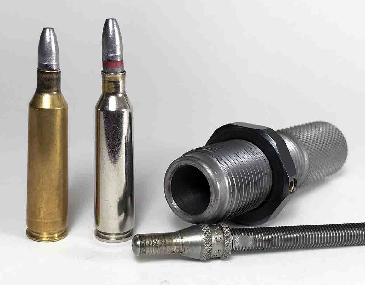 An RCBS Expander die slightly expands the inside of the neck of 6mm Creedmoor cases and flares the case mouth to lessen deforming of the cast bullets during seating.